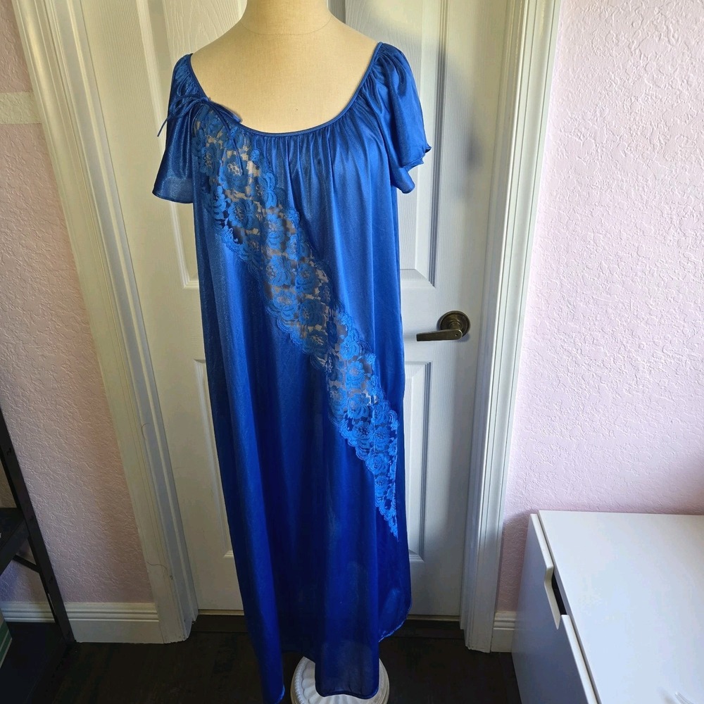 Vintage Deena Long Blue Nightgown Gown Nylon And Lace Insert Size M Lingerie USA